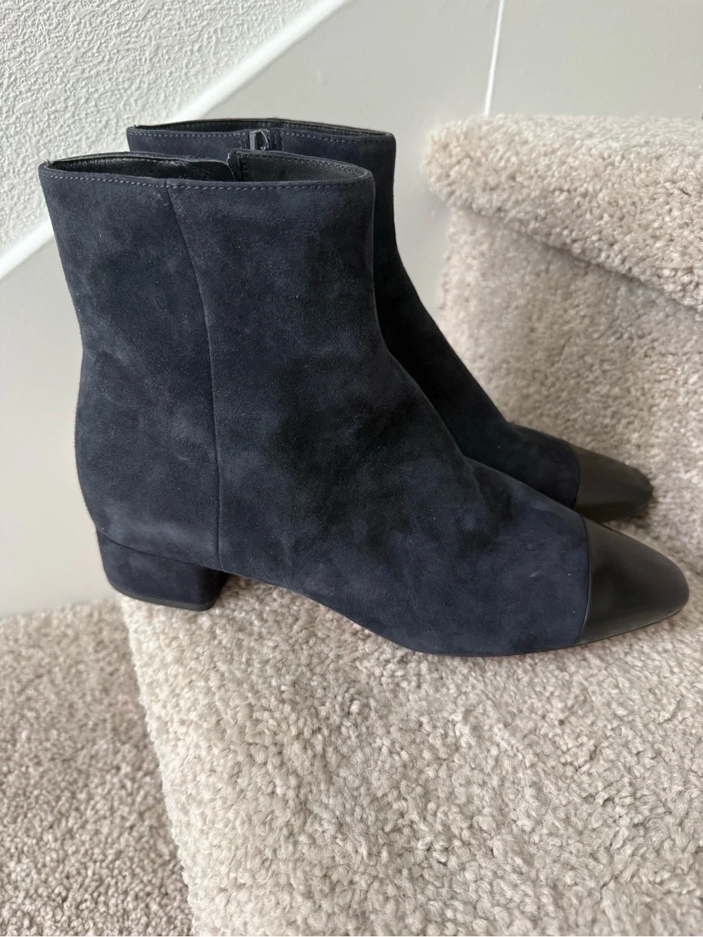 Veronica Beard Navy Suede Ankle Boots with Black Cap Toe Size 9.5
